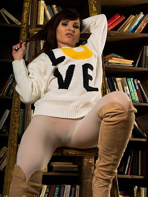 Jeny in the library in her new white seamless pantyhose